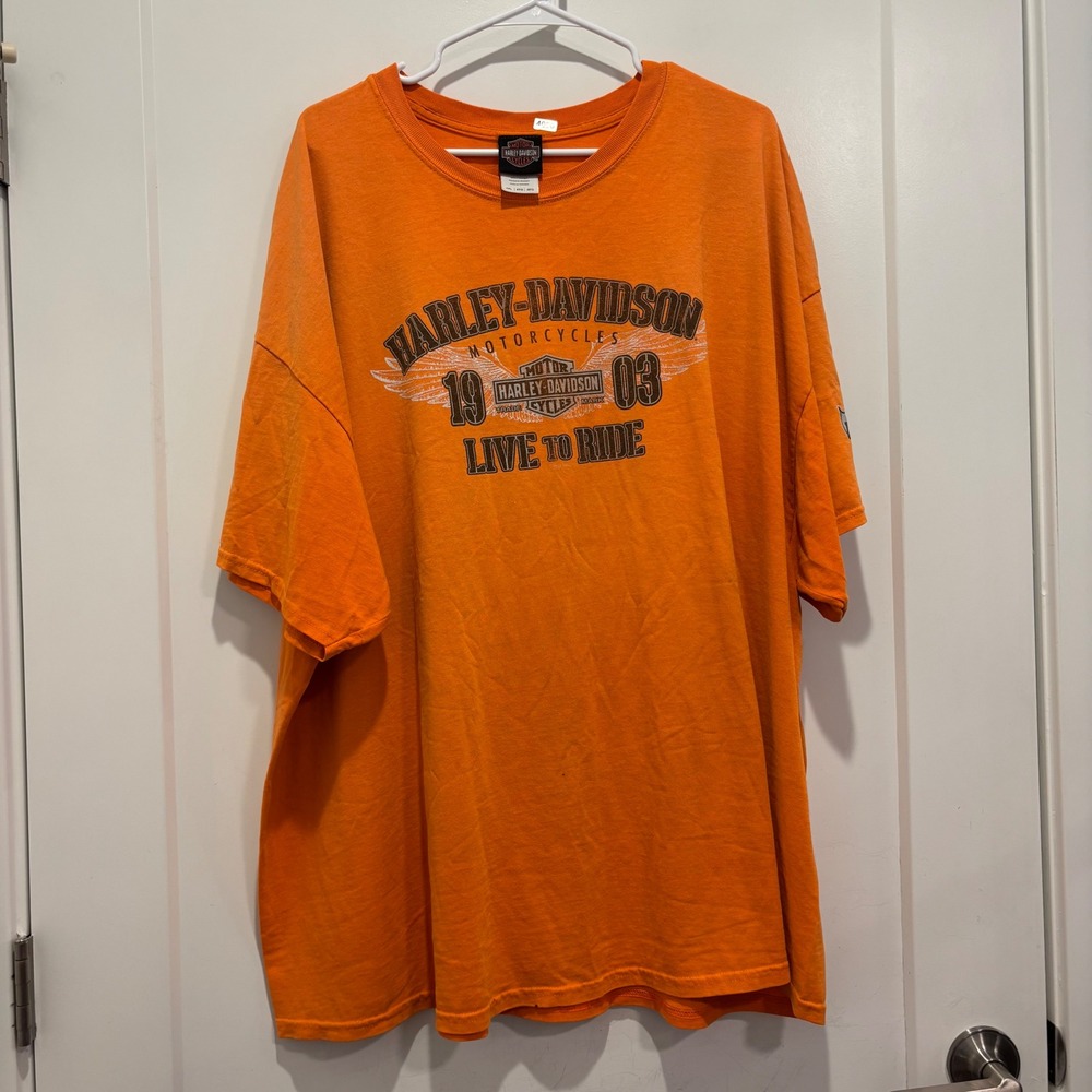 Harley Davidson T-Shirt Mens 4XL Orange Doc's Shawano County WI Graphic Tee